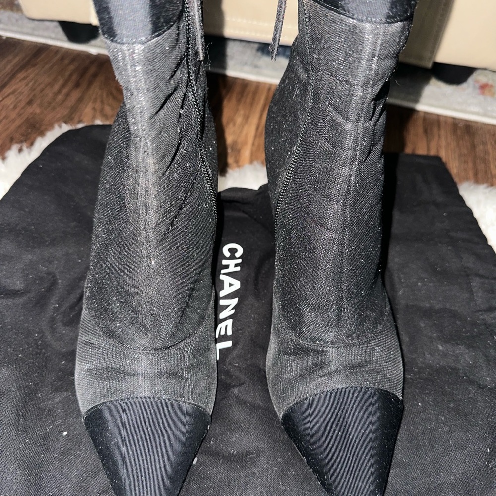 - [ ] Black and silver Chanel glitter booties 38 1/2 authentic